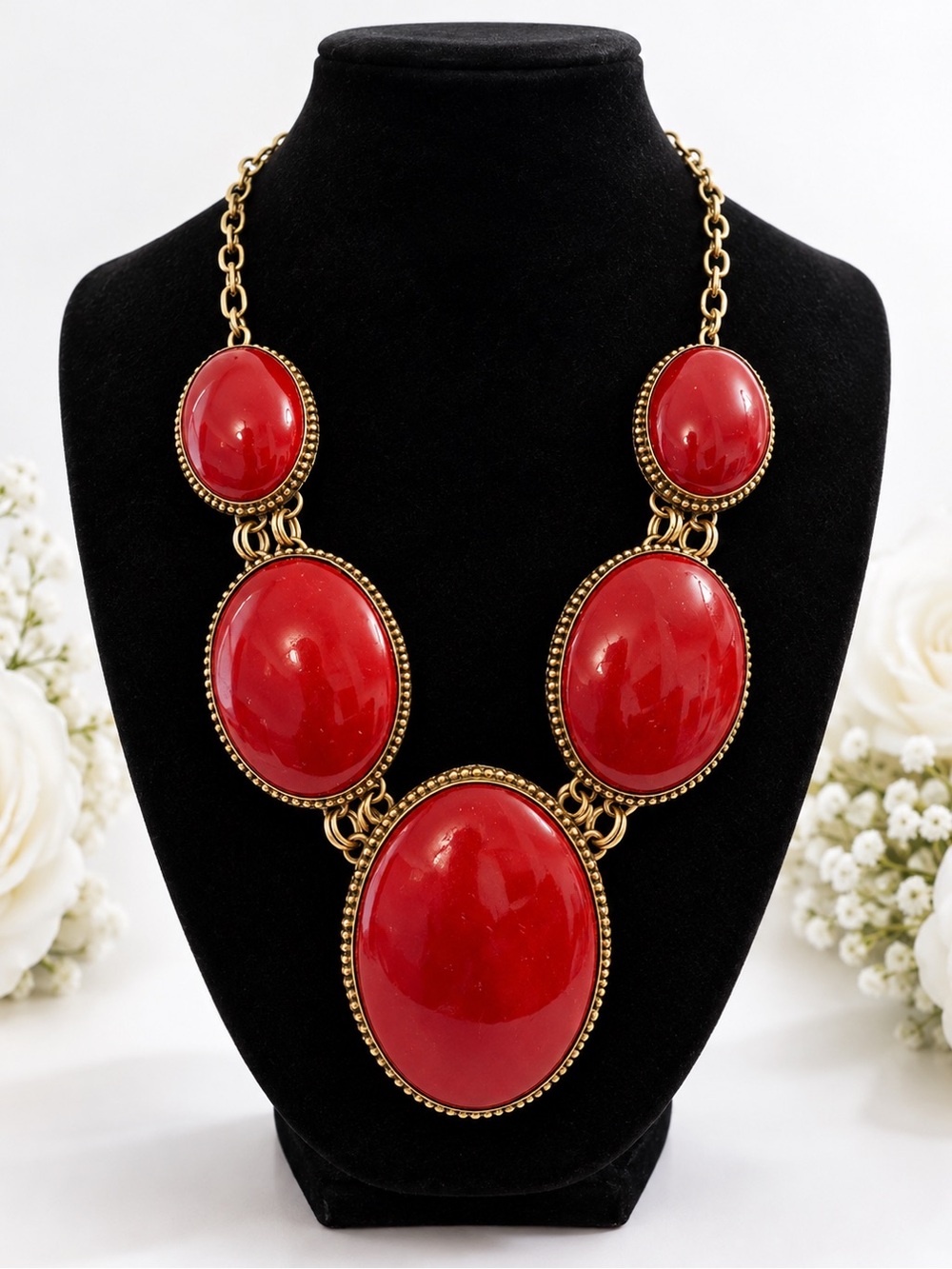 Red Statement Bib Necklace - Gold Chain